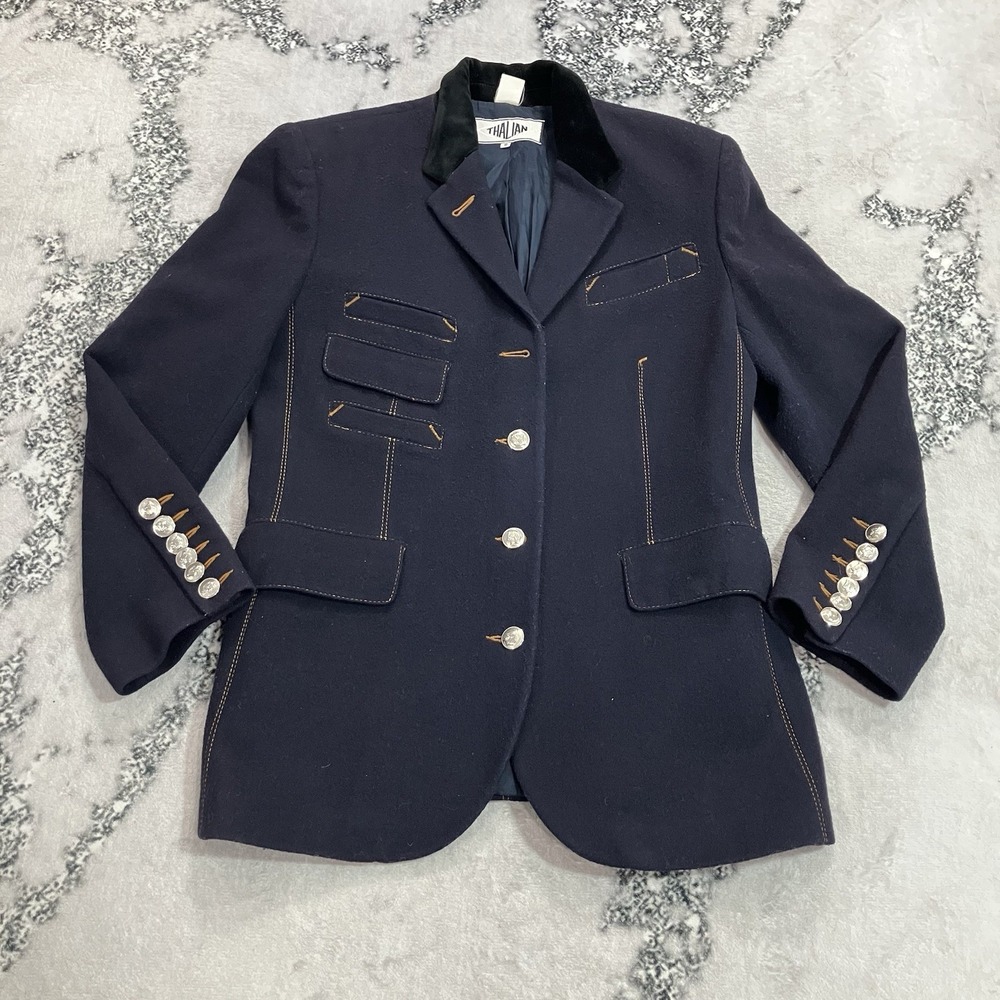 Thalian Equestrian Wool Riding Blazer Navy Velvet Collar Silver Buttons Sz 10